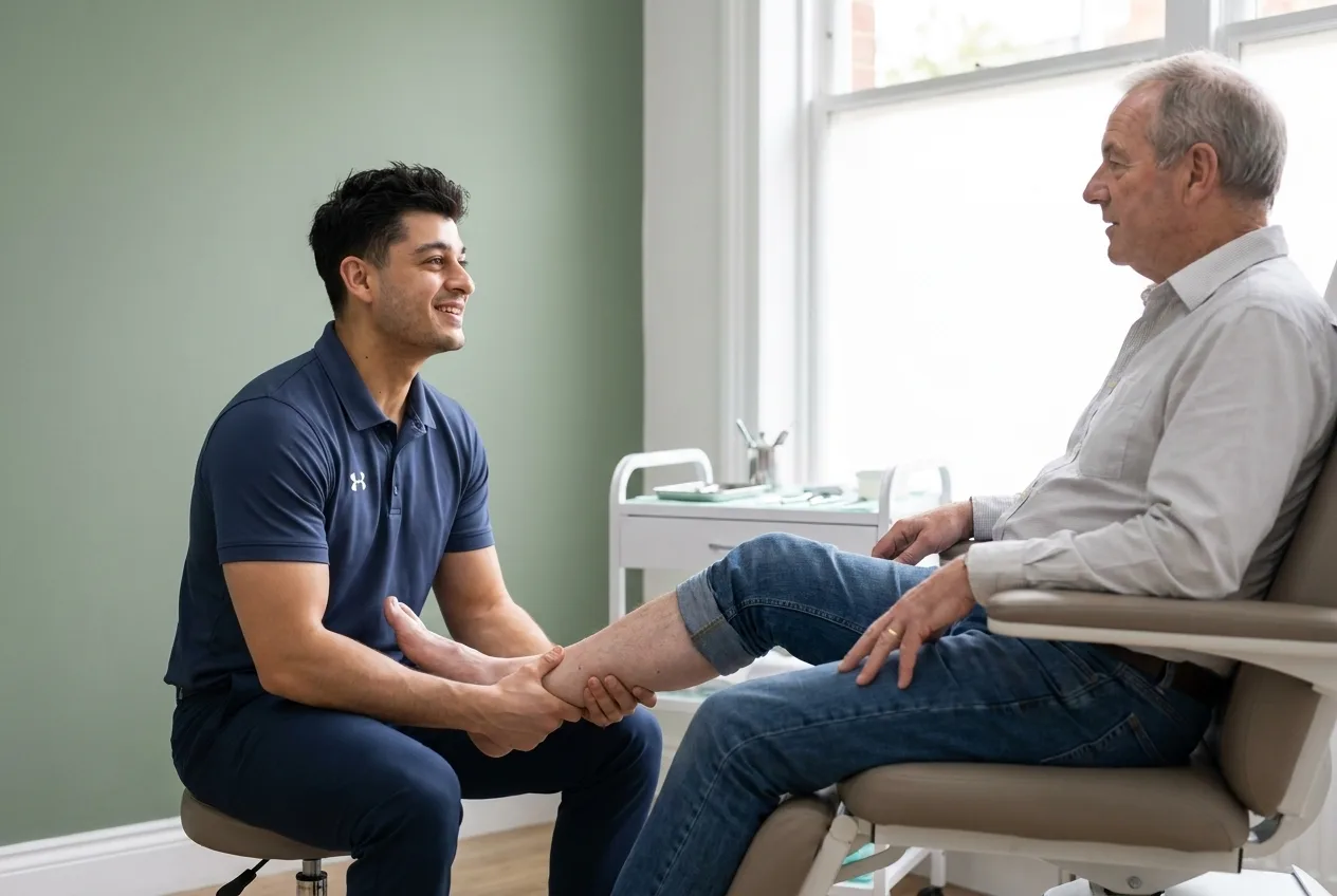 Aaron Bhangra examining a patient's ankle in the treatment room at Thameside Podiatry