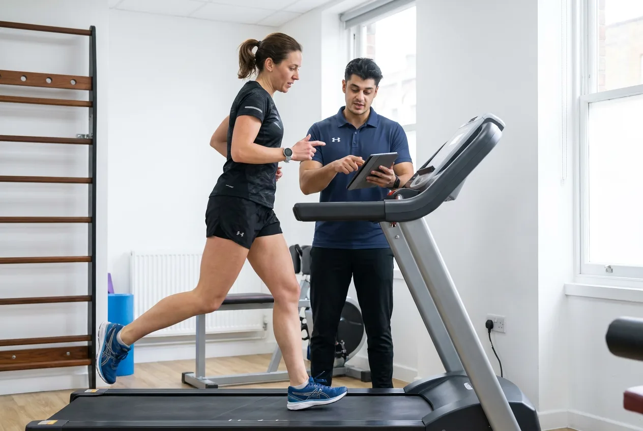 Aaron Bhangra analysing a runner's gait on the treadmill during a sports podiatry assessment