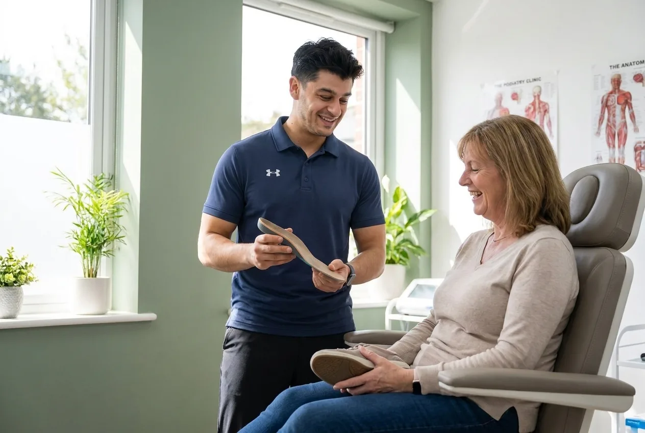 Aaron Bhangra explaining a custom orthotic insole to a patient in the clinic